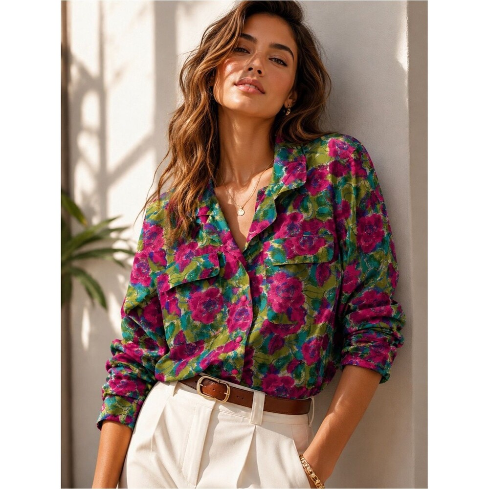 100% Silk Floral Blouse Pink Green Watercolor Button Front Size S